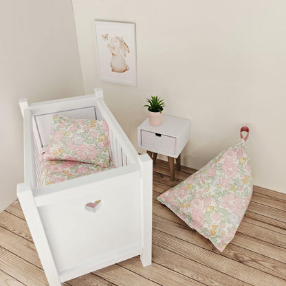 pastel liberty floral cot bedding set in a 1:12 scale dolls house display, detail view 6