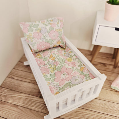 pastel liberty floral crib bedding set in a 1:12 scale dolls house display