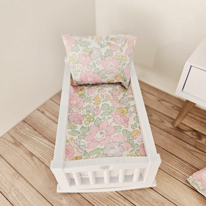 pastel liberty floral crib bedding set in a 1:12 scale dolls house display, detail view 3