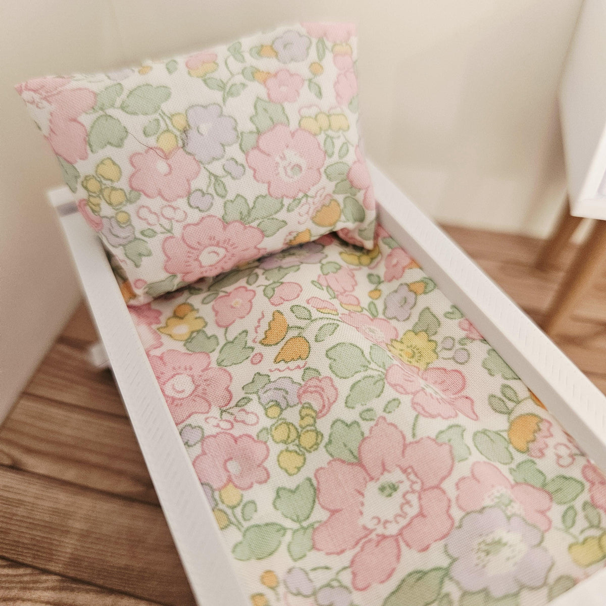 pastel liberty floral crib bedding set in a 1:12 scale dolls house display, detail view 4