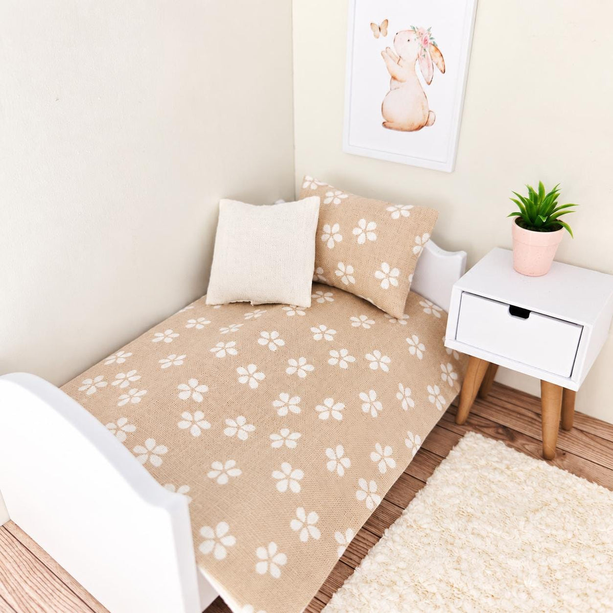 beige daisy junior bedding set in a 1:12 scale dolls house display