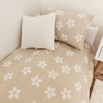 beige daisy junior bedding set in a 1:12 scale dolls house display, detail view 3
