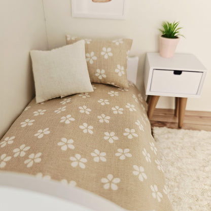 beige daisy junior bedding set in a 1:12 scale dolls house display, detail view 5