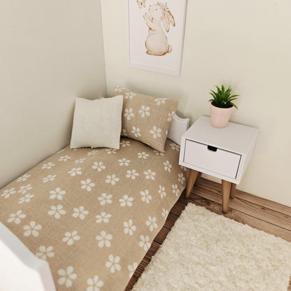 beige daisy junior bedding set in a 1:12 scale dolls house display, detail view 6