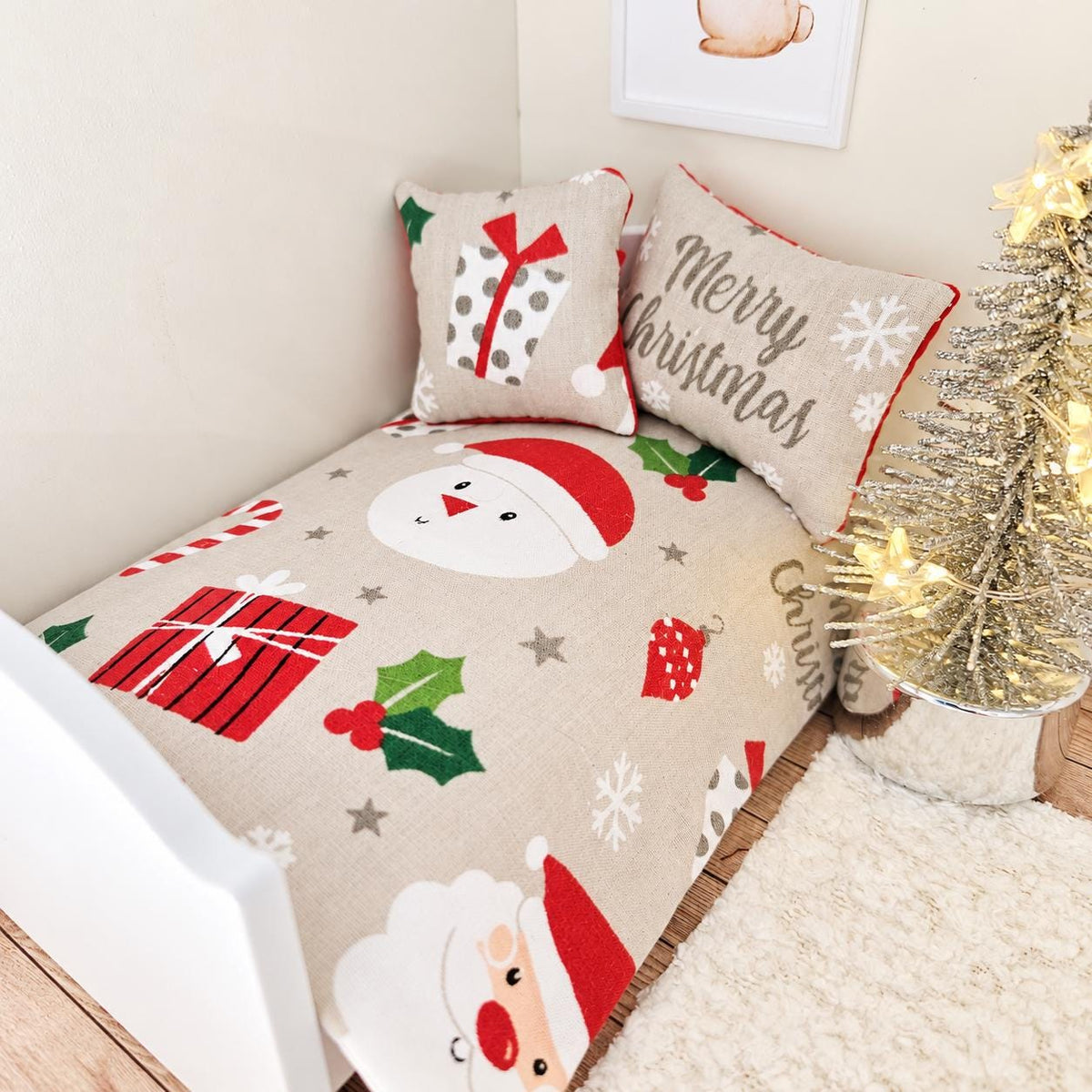 christmas snowman junior bedding set in a 1:12 scale dolls house display