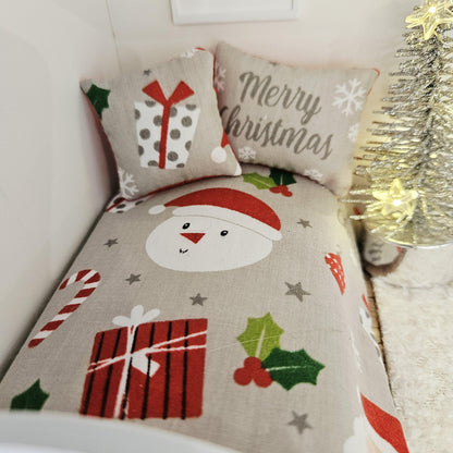 christmas snowman junior bedding set in a 1:12 scale dolls house display, detail view 5