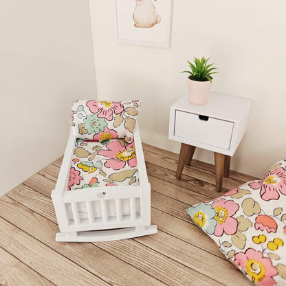 pink & yellow liberty floral crib bedding set in a 1:12 scale dolls house display, detail view 5