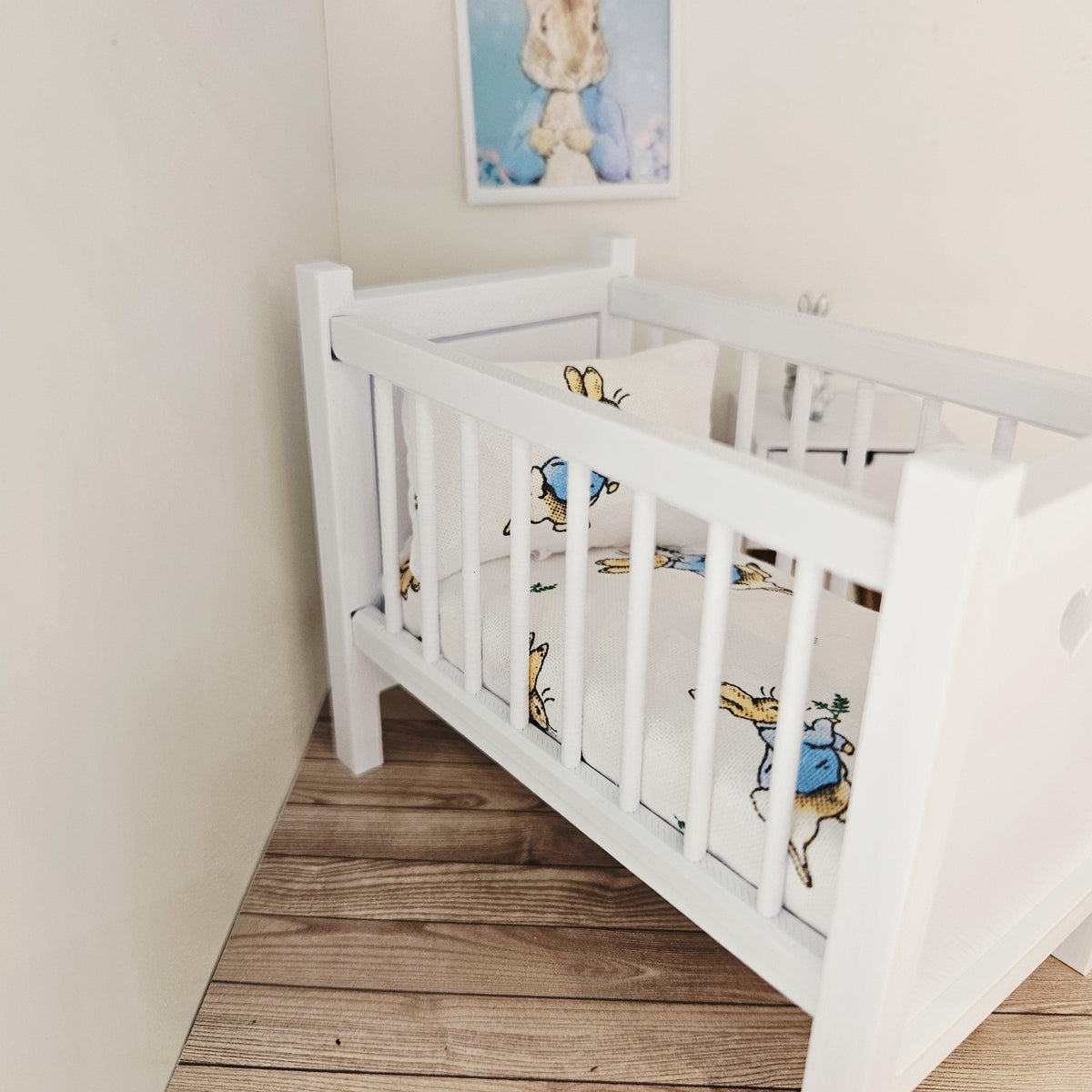 peter rabbit cot bedding set in a 1:12 scale dolls house display, detail view 3