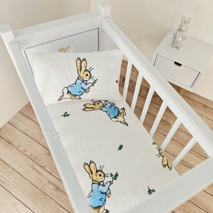 peter rabbit cot bedding set in a 1:12 scale dolls house display, detail view 4