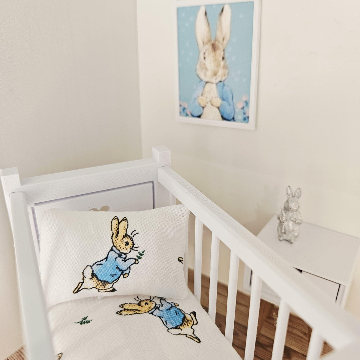 peter rabbit cot bedding set in a 1:12 scale dolls house display, detail view 6