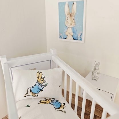peter rabbit cot bedding set in a 1:12 scale dolls house display, detail view 6