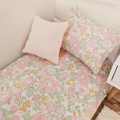liberty floral junior bedding set in a 1:12 scale dolls house display, detail view 3