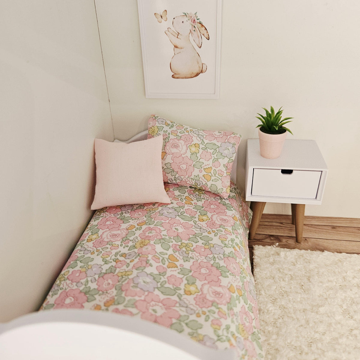 liberty floral junior bedding set in a 1:12 scale dolls house display, detail view 4