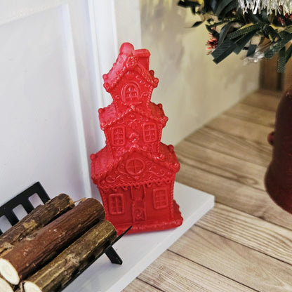 Red tall christmas gingerbread house in a 1:12 scale dolls house display, detail view 7