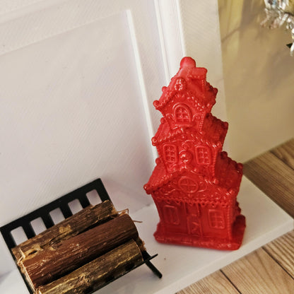 Red tall christmas gingerbread house in a 1:12 scale dolls house display, detail view 8