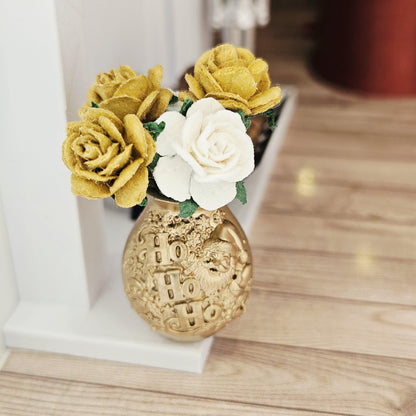 Gold santa vase with gold & white roses in a 1:12 scale dolls house display, detail view 3