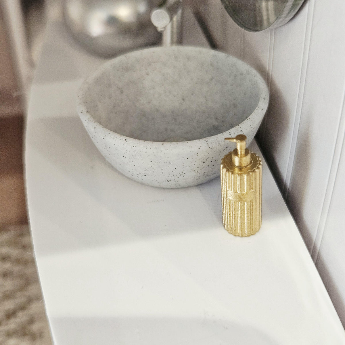 Gold ribbed soap pump in a 1:12 scale dolls house display, detail view 5