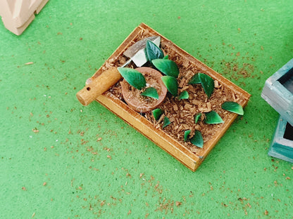Top view of the garden seedbed on a green surface, with seedlings around a round pot and a trowel across one corner.