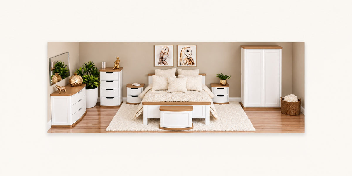 Modern 1:12 scale dolls house bedroom with white miniature furniture and warm wood details
