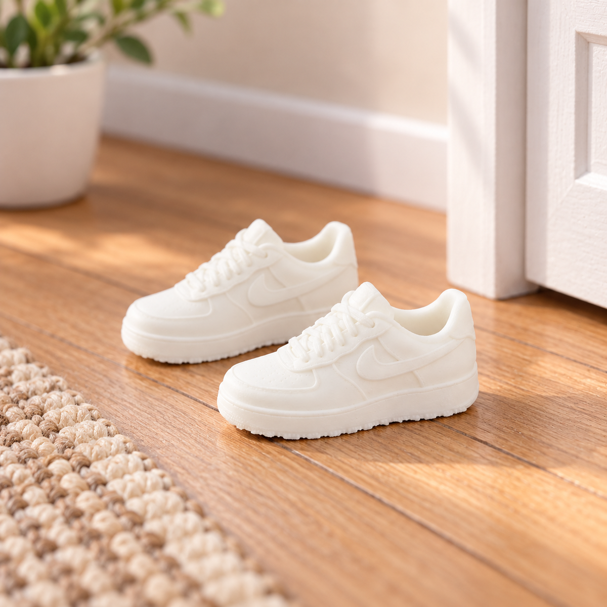 Pair of white miniature trainers in a modern 1:12 scale hallway setting