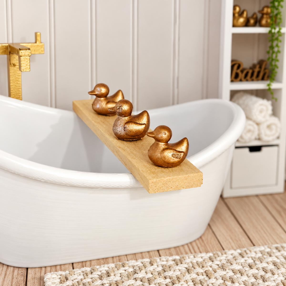 Angled close-up of a wooden dolls house bath board with three miniature gold ducks